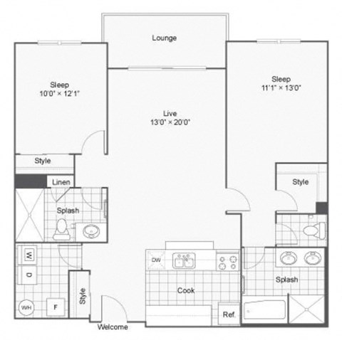 Floor plan for 2 beds, 2 baths, 1135 sqft